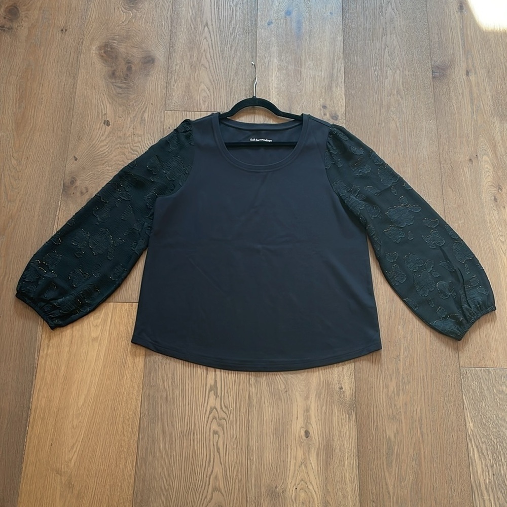 Soft Surroundings Black Solid Shirt With Lace Puff Sleeve Style 2FZ37 Sz Large - Picture 6 of 8